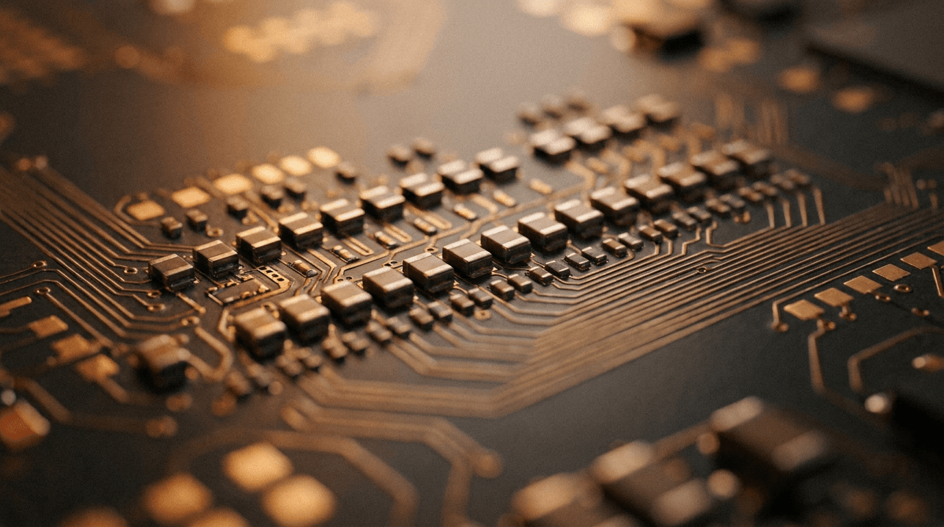 Close-up of a circuit board under warm light