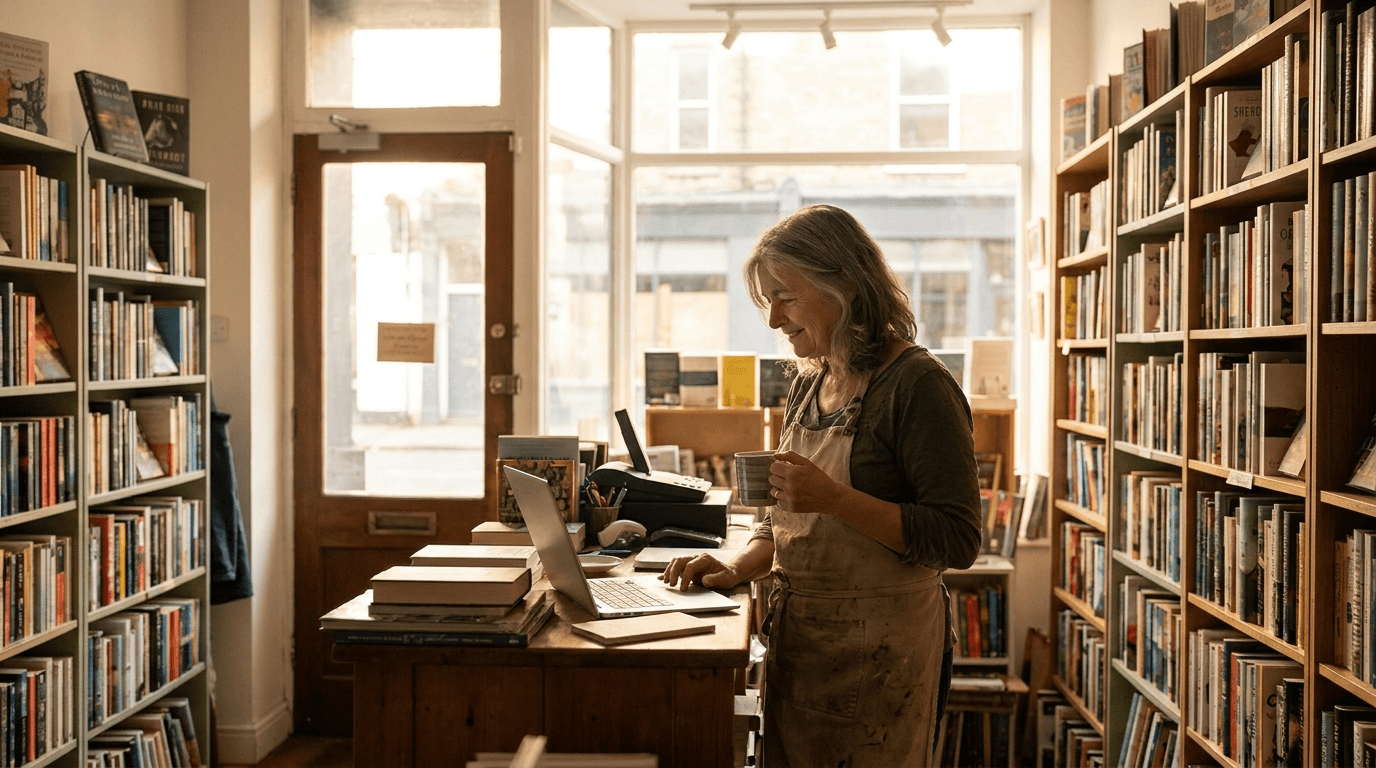 A bookstore owner working at a laptop behind the counter