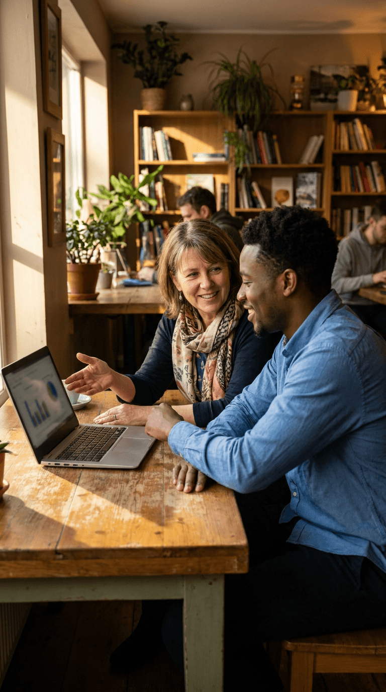 Two people reviewing a laptop together at a cafe table